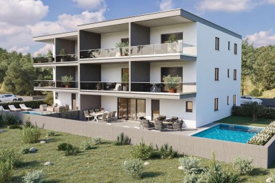 Appartamento in nuova costruzione con giardino e piscina – Novigrad, 400 m dal mare